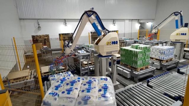 Автоматическая укладка пачек с сахаром на паллет и обмотка стрейч-плёнкой | Оборудование ROBOPAC
