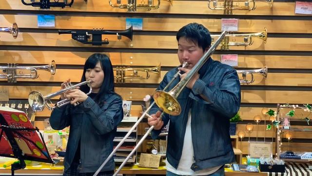 【兵庫県からお越しのキノピーさんと楽器吹いたよ！】白雪姫より『いつか王子様が』をトランペットとトロンボーンで演奏しました♬【服部管楽器】