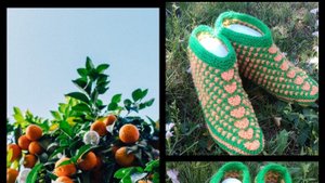 40.МК#  "МАНДАРИНКИ"# ТАПОЧКИ-СЛЕДОЧКИ  С ВЕЕРАМИ# НА ДВУХ СПИЦАХ БЕЗ ШВОВ