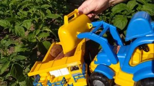 Синий трактор работает на ферме и собирает урожай. Видео для детей