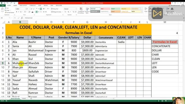 CHAR,CODE, LEFT, LEN,CLEAN and CONCATENATE formulas in excel
