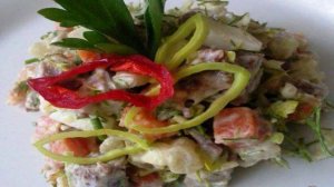 Оливье с говядиной и горчицей