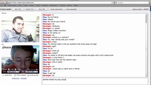 messing with people on chat roulette- roger the wheelchair bound orphan