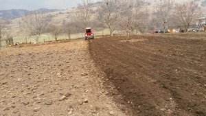 Трактор Т-25 с плугом вспахивает поле