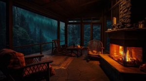 Cozy Rain Ambient with Rain Sounds and Fireplace in Cozy Cabin Balcony helps to Fall Asleep