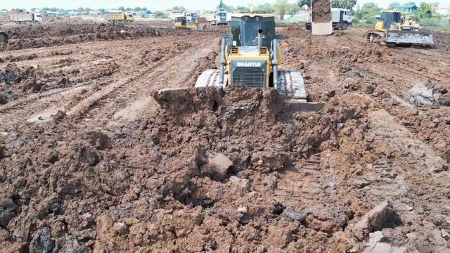 Hard Working Bulldozer And Dumper Truck Moving Unloading Sticker Clay Mud Dirt Extremely Land Fill