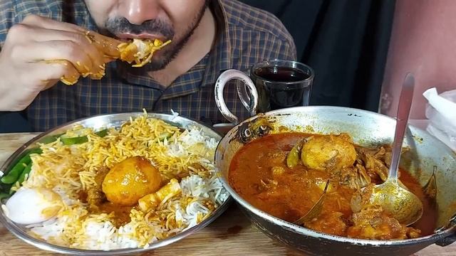 Eating chicken kadai with basmati rice and green chilli with soft drinks-mukbang eating show