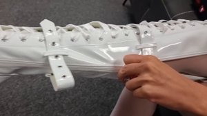 Nurse Ashley In Pleaser FLAMINGO-3028 White 8 Inch High Heel Platform Thigh High Boots Stockings