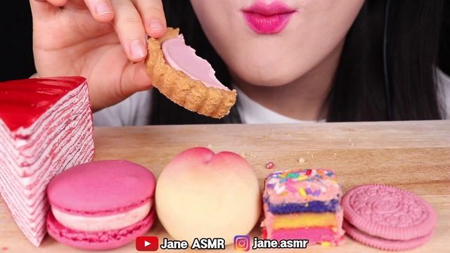 ASMR PINK FOODS *PEACH CAKE, CREPE CAKE, CAKE POP, PINK OREO 복숭아 빵, 핑크 오레오, 케이크 팝 먹방 EATING SOUNDS