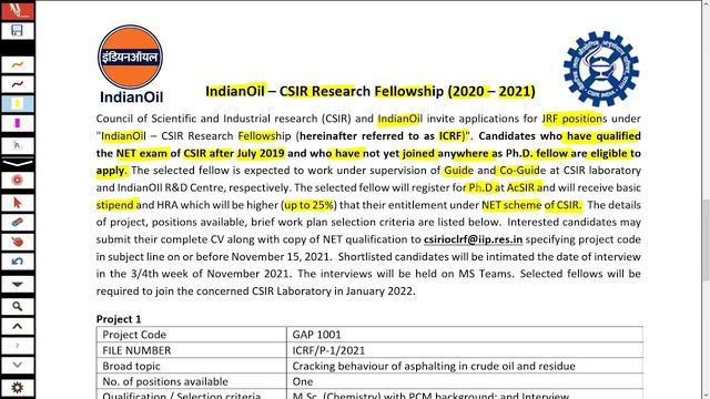 JRF positions under "Indian Oil – CSIR Research Fellowship (ICRF)