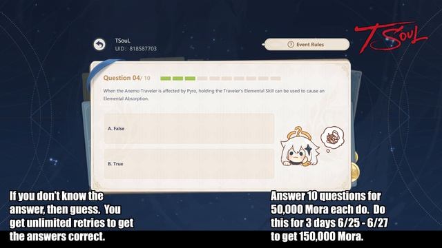 Paimon Quiz Event (150,000 Mora) - Genshin Impact Version 1.6