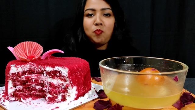 Eating ❤ Red Velvet Cake + Gulab Jamun + Strawberry Milkshake | ASMR Mukbang Cake & Sweets