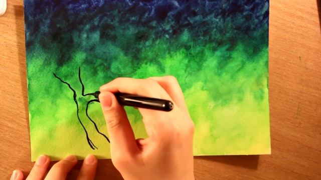 Green Watercolor Night Sky Painting - Step By Step Process смотреть онлайн