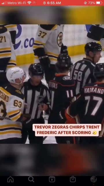 Brad Marchand sticks up for Trent Frederick, tries to fight Trevor Zegras after Ducks goal