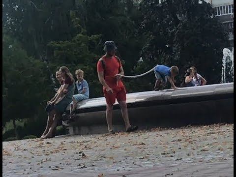 Молодой папаша выгуливает сына на поводке