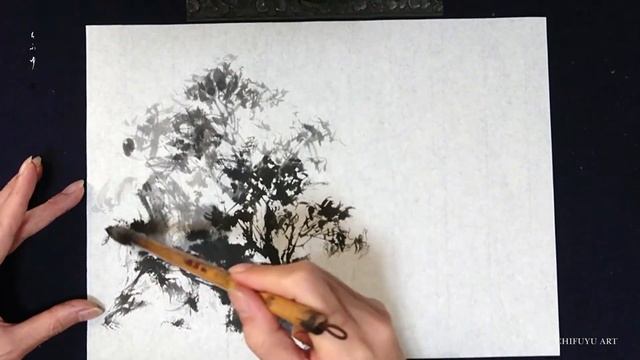 【水墨画】 墨一筆 『 海岸の朝 』　―　風景画・海・朝日　―