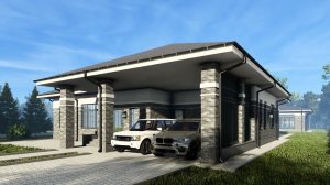 Проект одноэтажного дома из газобетона с навесом для 2-х автомобилей