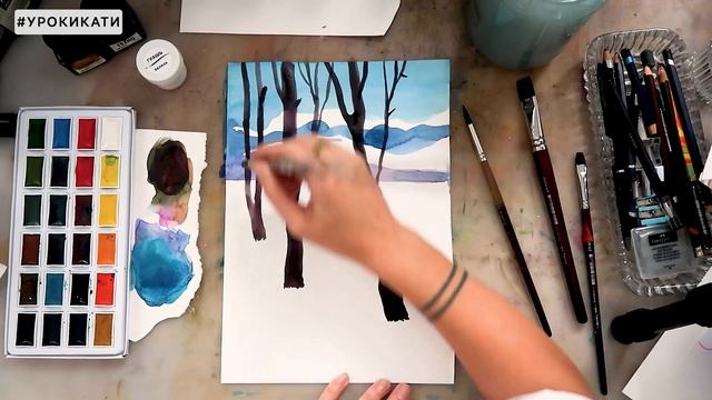 Как нарисовать зимний солнечный пейзаж акварелью, пошаговый урок смотреть онлайн