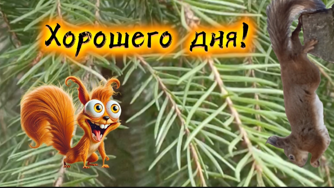Хорошего дня и отличного настроения! Смешная белка. Музыкальная открытка.