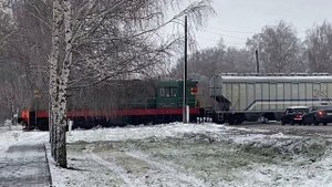 Маневровый тепловоз ЧМЭ3 с грузовым поездом на Ж/Д переезде.