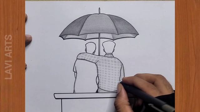 How to draw Two best friends ( Boy) sitting in Rainy day with umbrella | Best Friend Pencil drawing