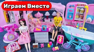Играем в куклы Барби ! Розовый кукольный домик Барби 👑 Распаковка спальни принцессы 👑