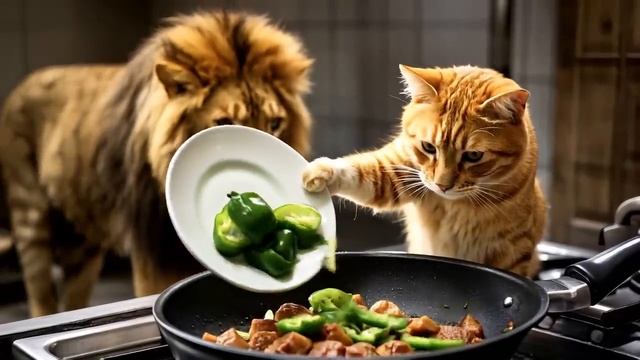 The little cat saved the injured lion and prepared delicious food to entertain t