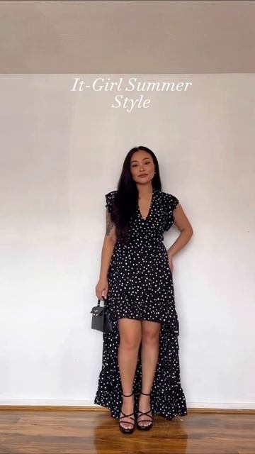 Black And White Polka Dot Wrap Over Top Frill Hem Midi Dress смотреть онлайн