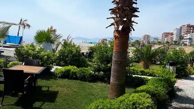 Пляж Азура Парк с кафе и с шезлонгами. Турция Махмутлар