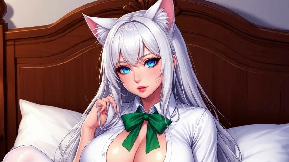 Юлиана русская пошлая пышногрудая девушка с кошачьими ушками, белыми волосами и голубыми глазами.