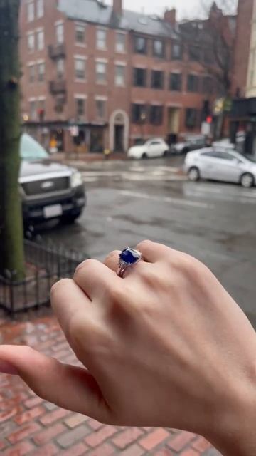 Platinum Cushion cut Sapphire and Diamond ring.