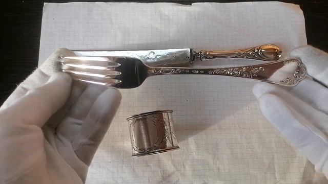 Царское серебро 84 проба, столовый набор: вилка, нож, кольцо для салфетки. смотреть онлайн