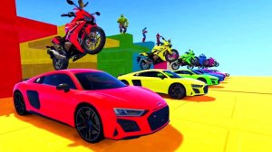 ЦВЕТНЫЕ СПОРТИВНЫЕ МАШИНЫ И МОТОЦИКЛЫ ЧЕЛОВЕК-ПАУК с Супергероями Преодолевает Препятствие Мультики