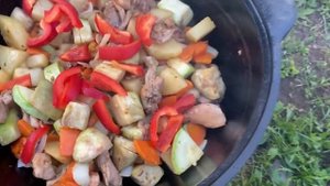 Дачная_кухня_Готовим_мясо_с_овощами_в_казане_вместе_с_собаками