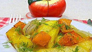 Картофель, тыква и лук запеченные