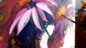 Живопись по акриловой заливки. ДВП  3Д. 50*35. Дописываю третий цветочек.