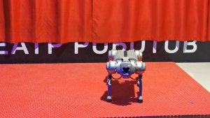 Робот-собака выполняет команды, танцует. Мир будущего, театр роботов.