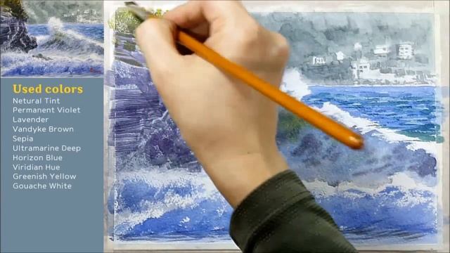 Watercolor landscape painting | How to apply the spraying technique | Raging waves [ART JACK] смотреть онлайн