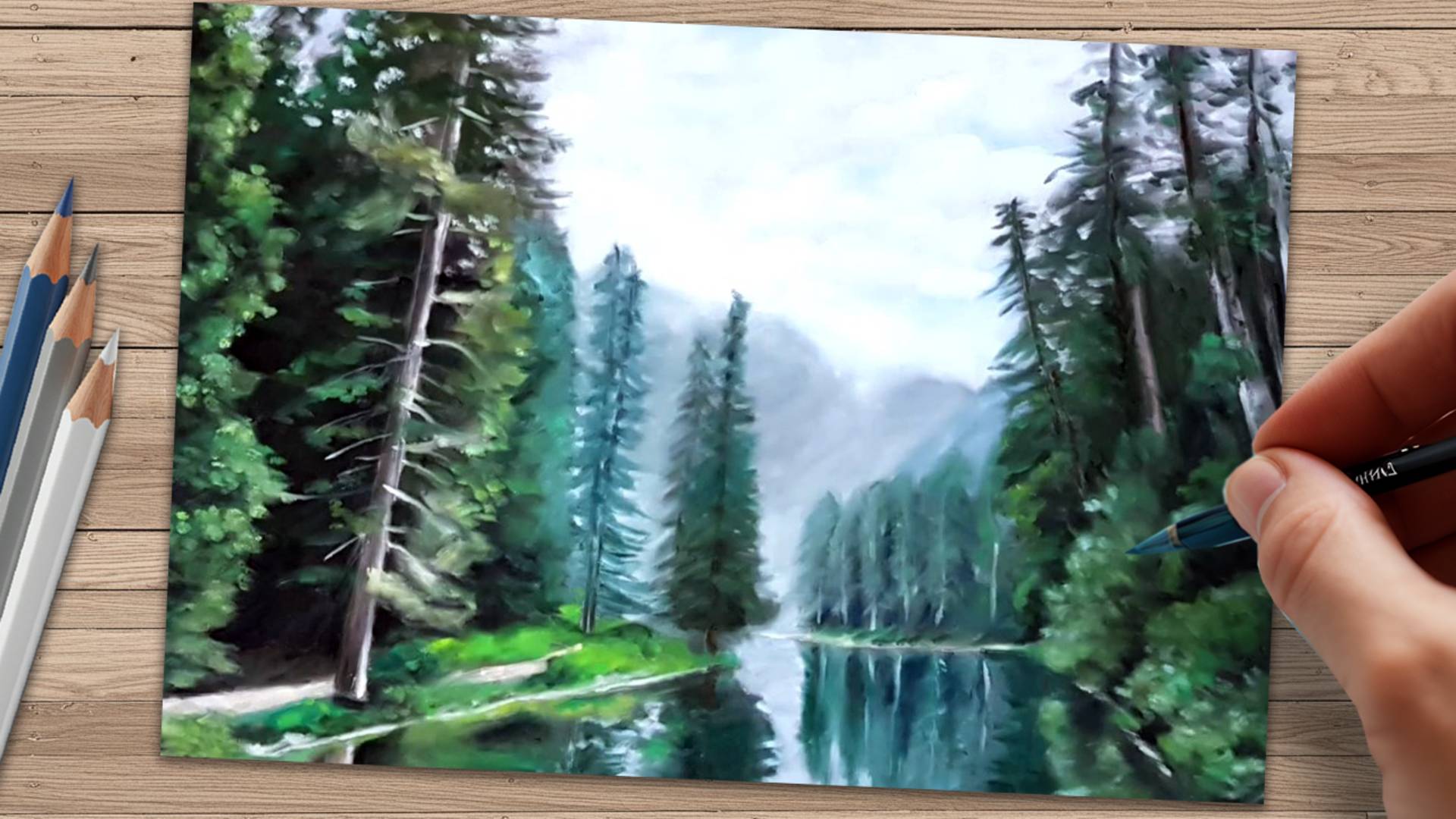 Реалистичный пейзаж пастелью: лес, река и горы 🌲🏔️ | Пошаговое рисование без слов