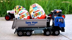 Монстр Траки и самосвал. Видео с игрушечными машинками и киндер сюрпризами