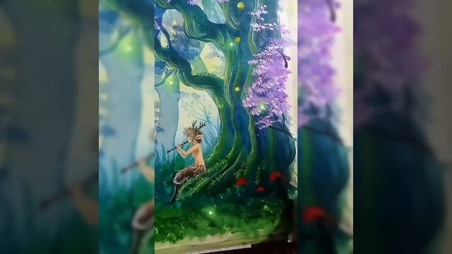 Watercolor painting. Fawn in the forest. Акварель, Фавн в лесу смотреть онлайн