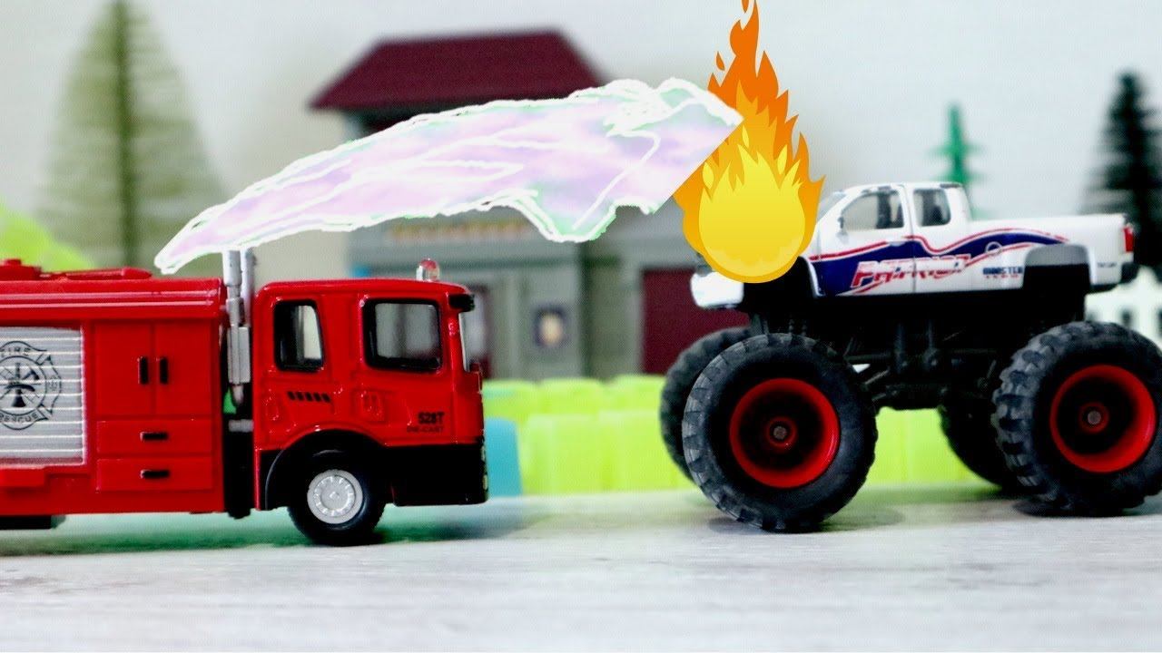 Тренировка монстр - трака к гонкам. Пожарная машина. Игрушечные машины. смотреть онлайн