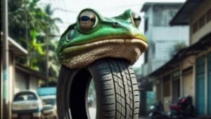 Лягушка скрещенная с машинным колесом и руками  ногами человека или (банека амбала бум)