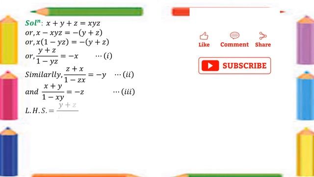 If x+y+z=xyzprove that (y+z)/(1-yz)+(z+x)/(1-zx)+(x+y)/(1-xy)=(y+z)/(1-xy).(z+x)/(1-zx).(x+y)/(1-xy смотреть онлайн