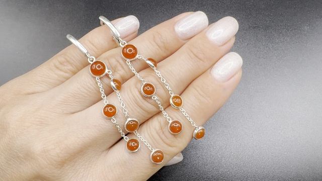 Длинные серьги с сердоликом  Серебро 925 пробы  Огранка кабошон Длина 7 см СЕР001