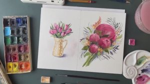 Как нарисовать розовые тюльпаны в кувшине акварелью