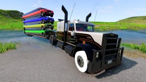 Limousine Long Cars Flatbed Trailer Ramp Truck Car Rescue - Cars vs Deep Water - BeamNG.drive