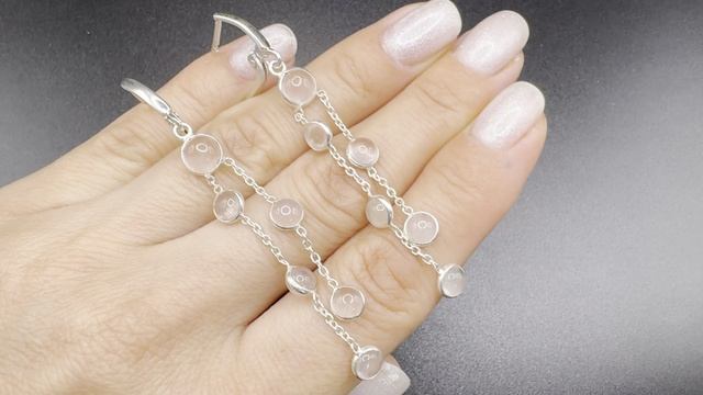 Длинные серьги с розовым кварцем Серебро 925 пробы Огранка кабошон Длина 7 см КВА028 смотреть онлайн