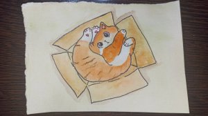 Кот в коробке / Рисунок акварелью