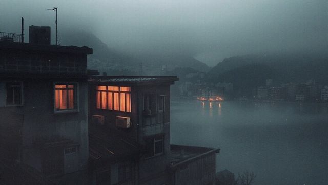Foggy Reflections Quiet Lakeside View from a Dimly Lit Room  Evening Serenity